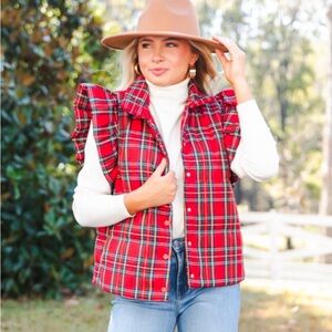Red Plaid Puffer Vest with Ruffle Sleeve